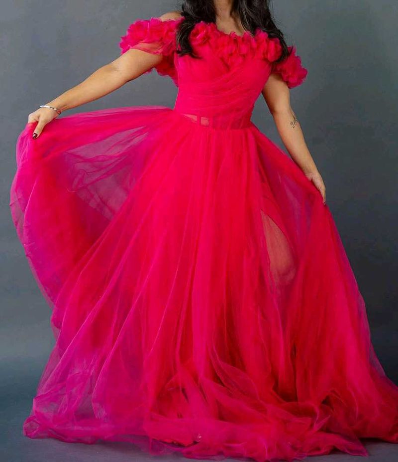 Stunning Pink Off-Shoulder Tulle Gown