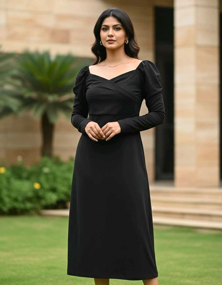 Elegant Black Puff Sleeve Midi Dress never used