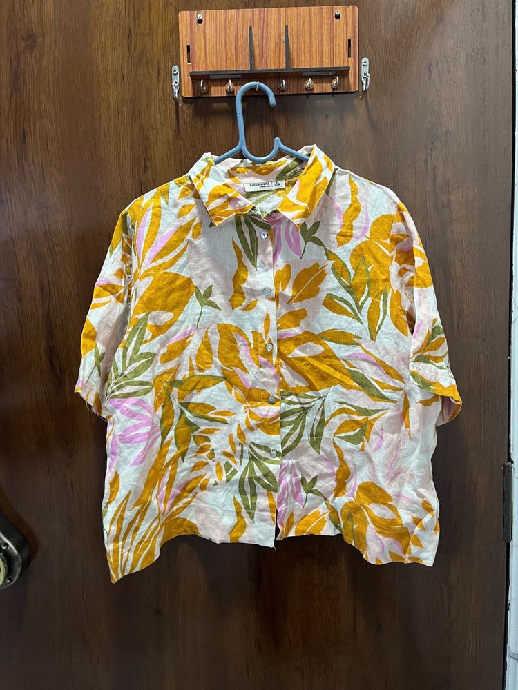 Pure Linen Colorful Tropical Print Button-Up Shirt