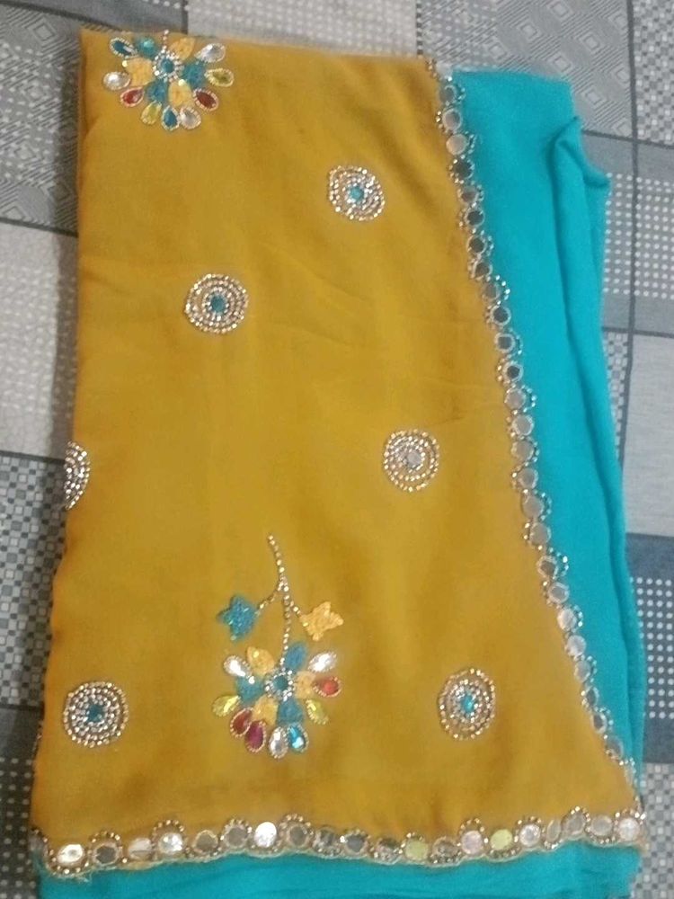 Embellished Mustard &amp; Teal Saree