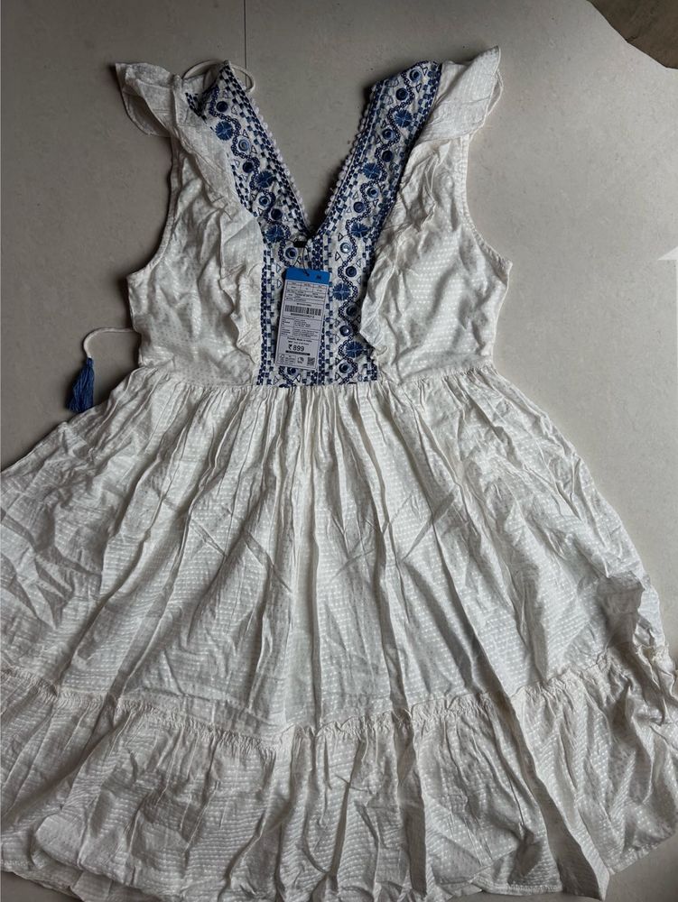 White Embroidered Flared Dress