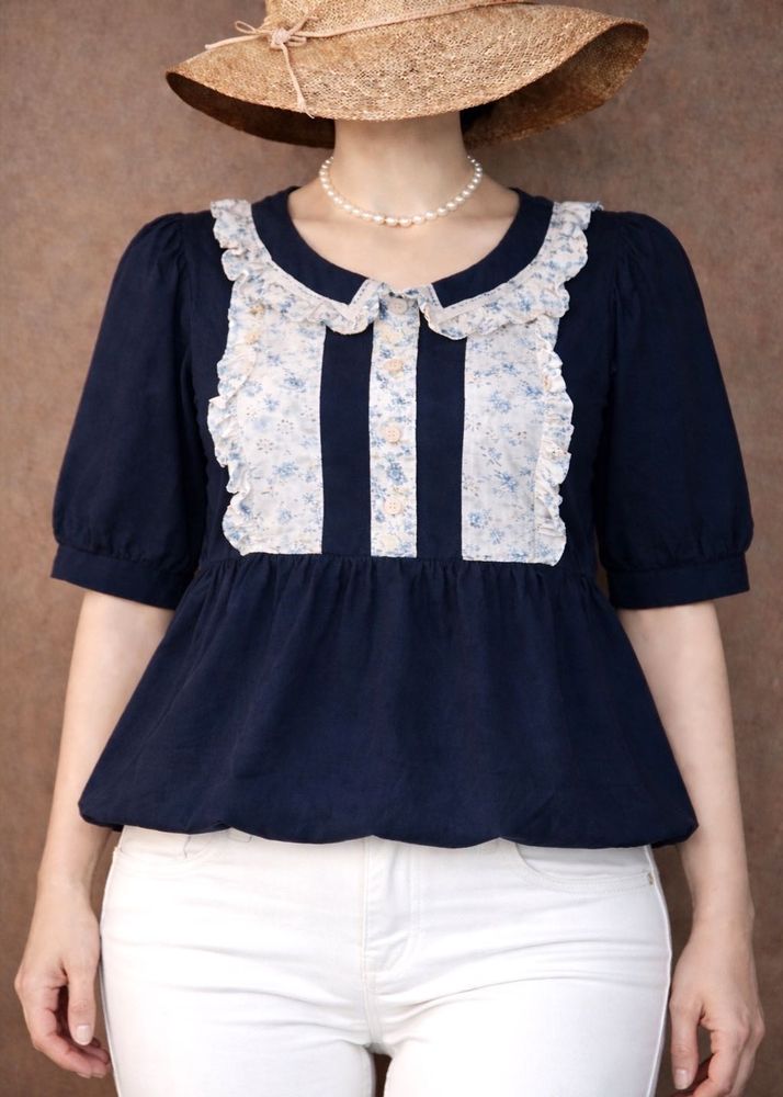 KoreanChic Navy Floral Ruffle Top🩵💙