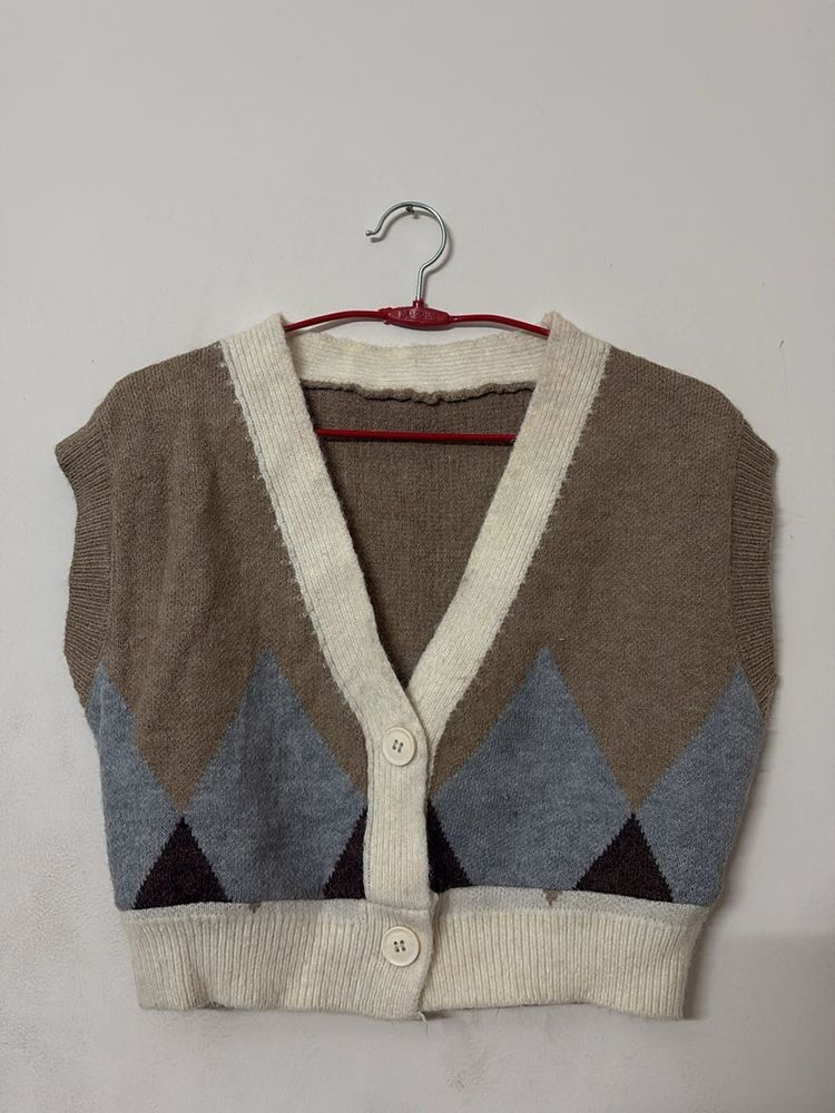 Argyle Knit Cardigan Vest