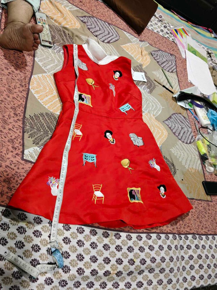 Red Embroidered A-Line Dress