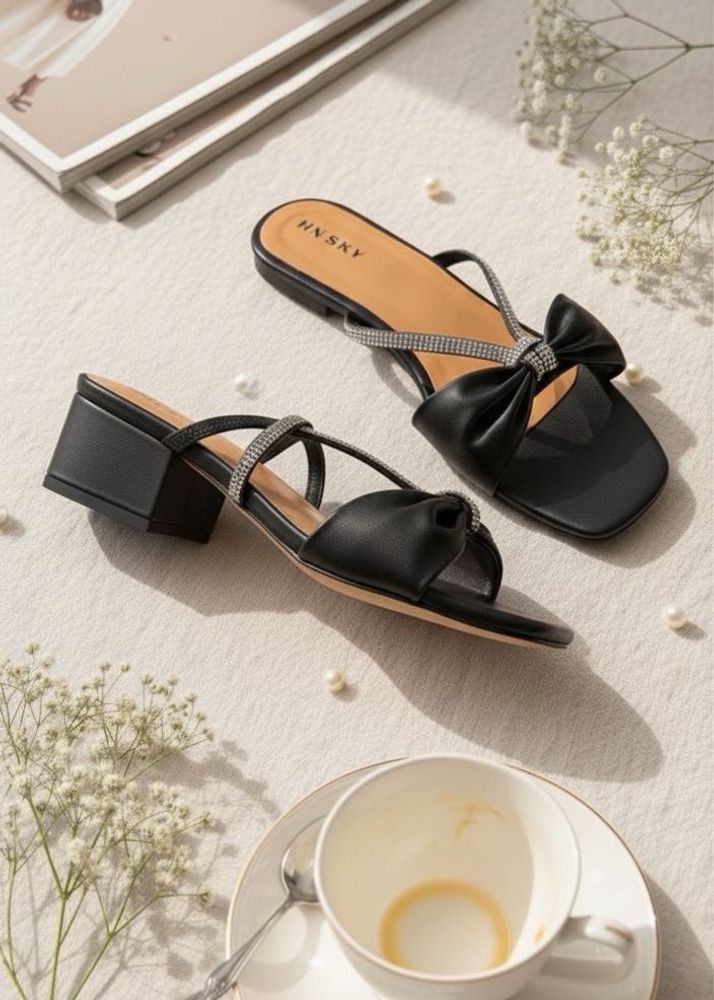 Black Bow Rhinestone Sandals
