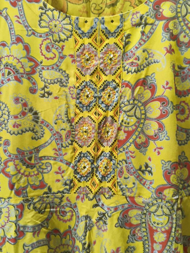 Mustard Yellow Printed Anarkali Kurta with Sequina