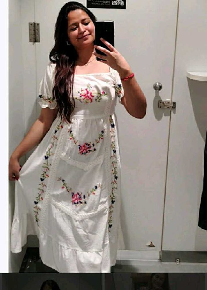 Embroidered White Midi Dress