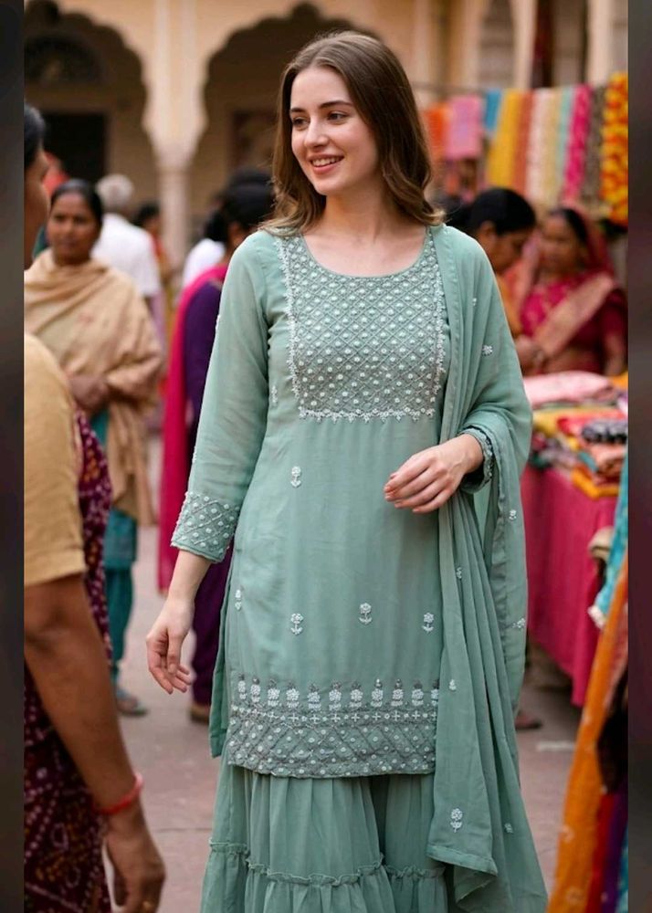 Beautiful Teal  kurti and sharara Set