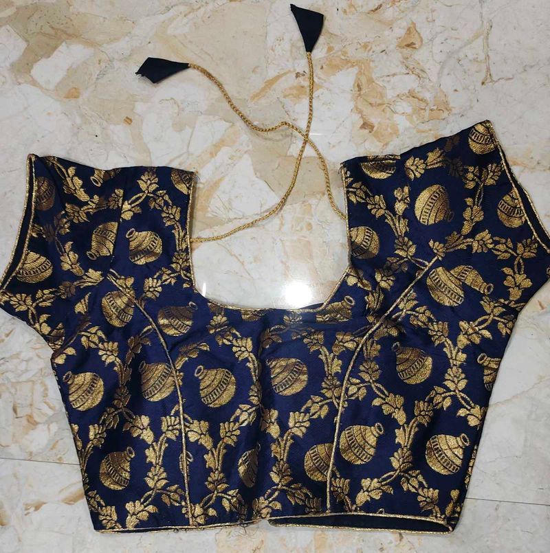 Navy Blue Brocade Blouse with Gold Print