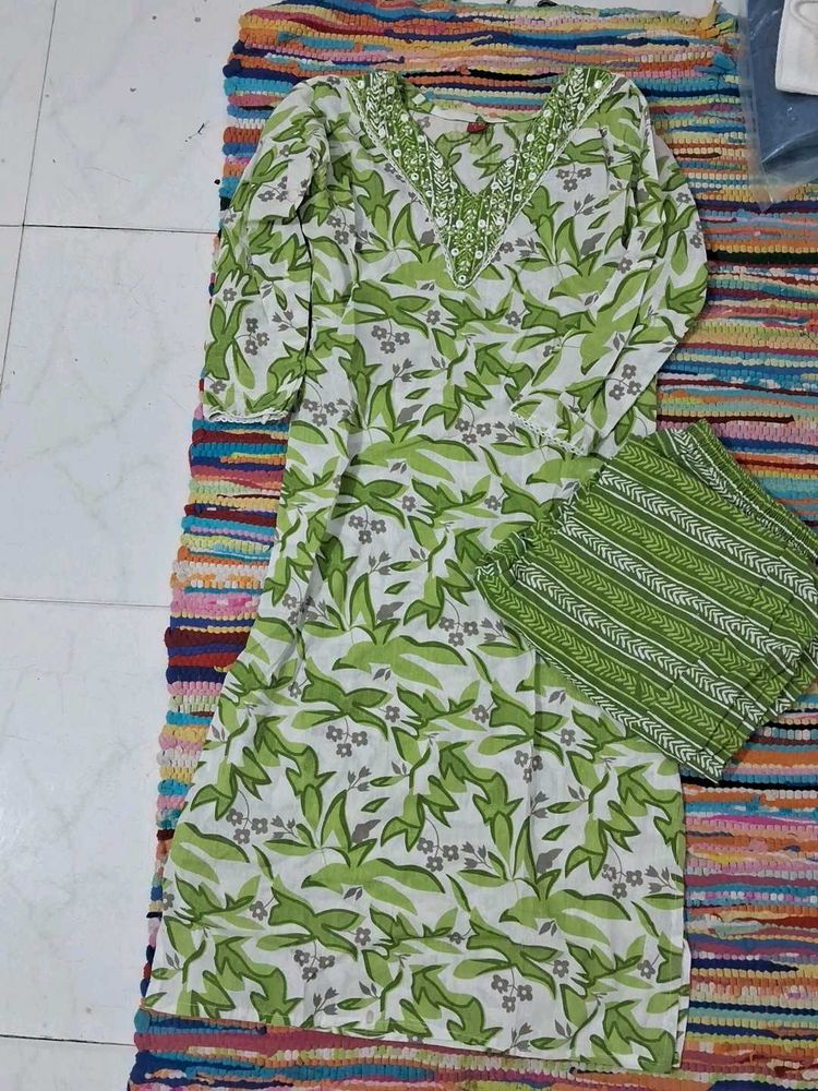 Green Floral Pure Cotton Kurta Set