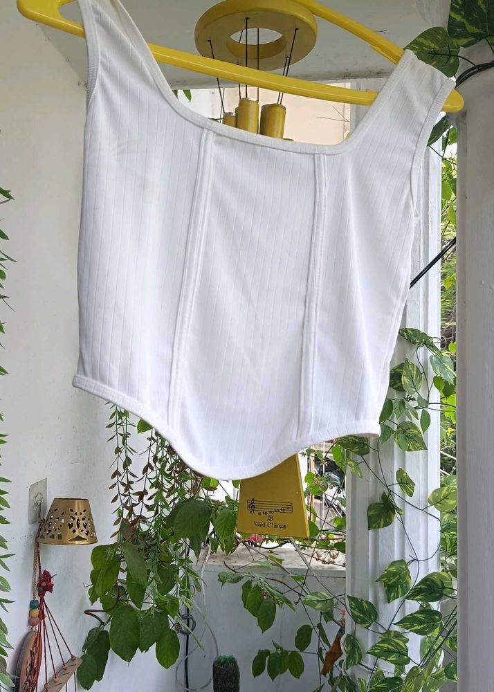 Stylish White Ribbed Corset Top