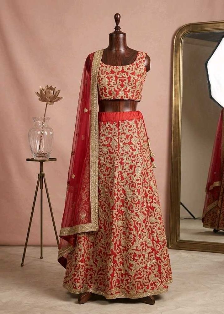 unstitched Red Embroidered Lehenga Choli