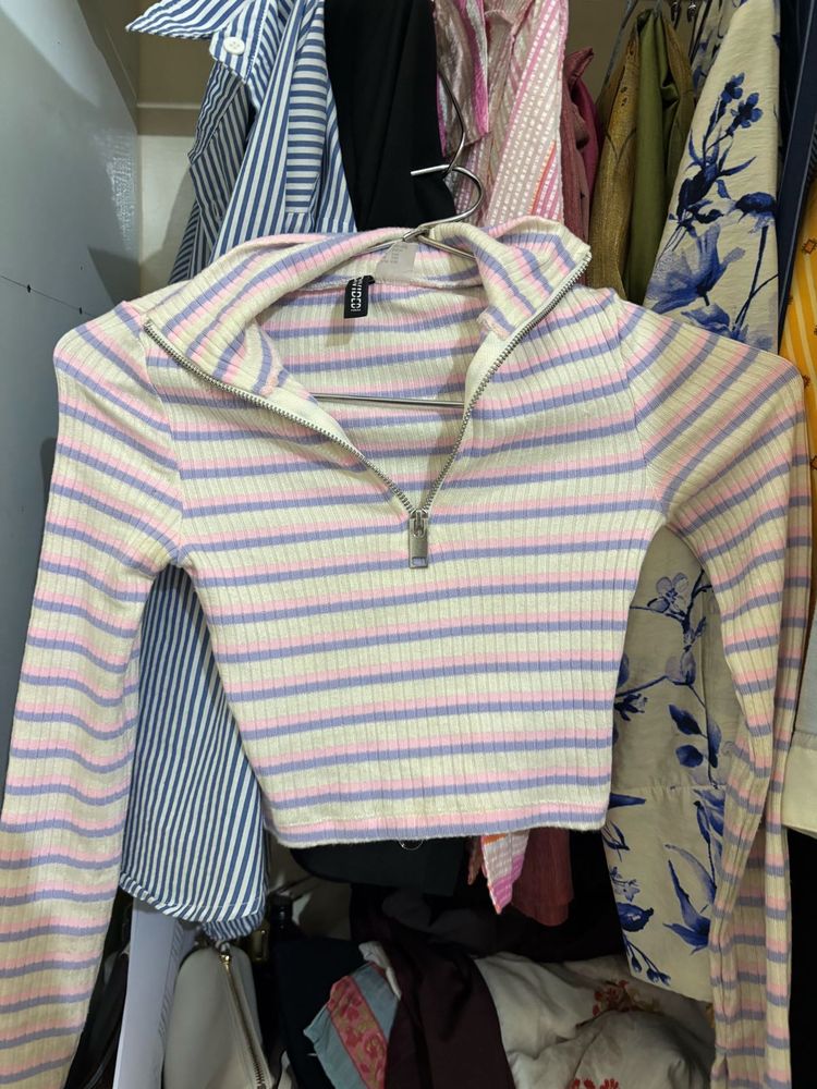 Striped Cropped Zip-Up Top