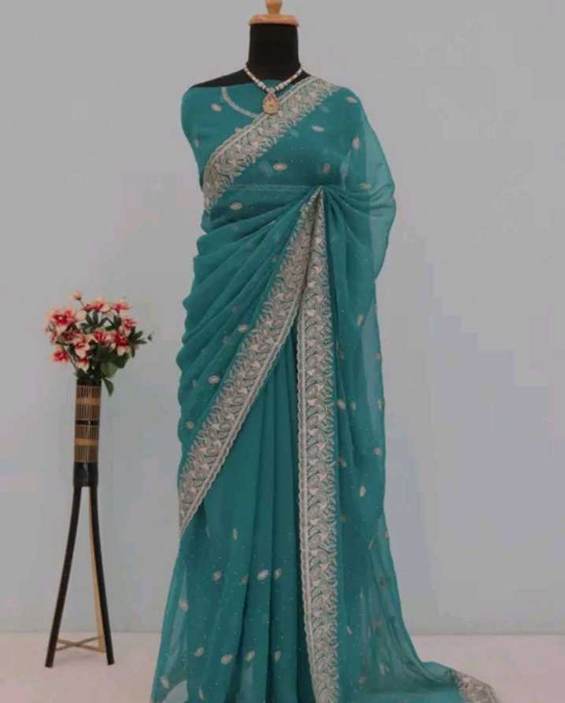 Elegant Teal Embroidered Saree