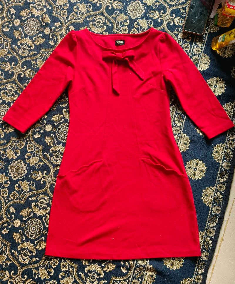 Chic Red Bow Detail warm Dress for winter
