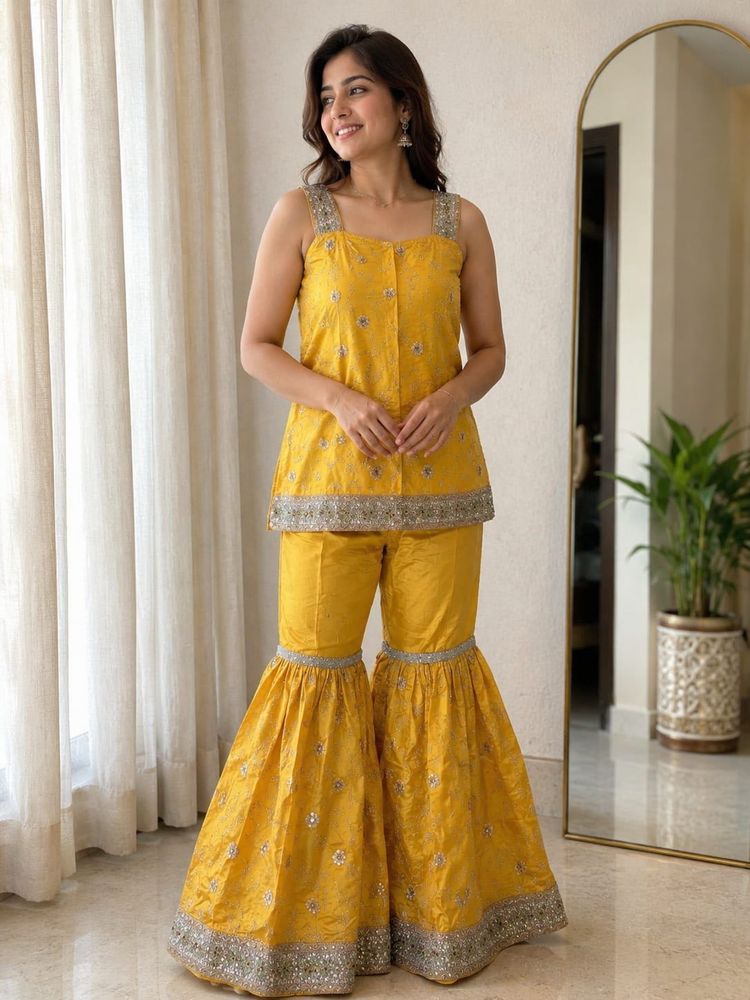 Golden yellow designer embroidered sharara