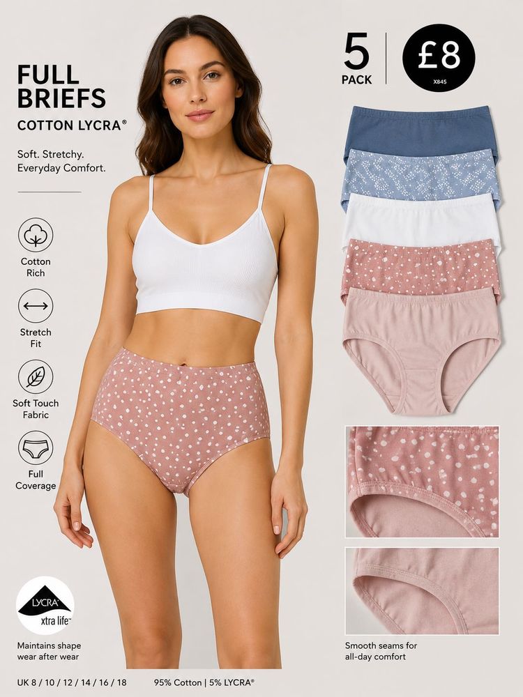 5 pack Full Briefs Cotton Lycra