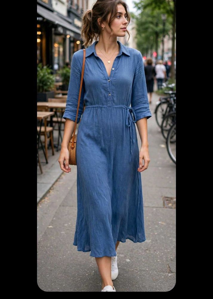 Blue Button-Front Midi Shirt Dress