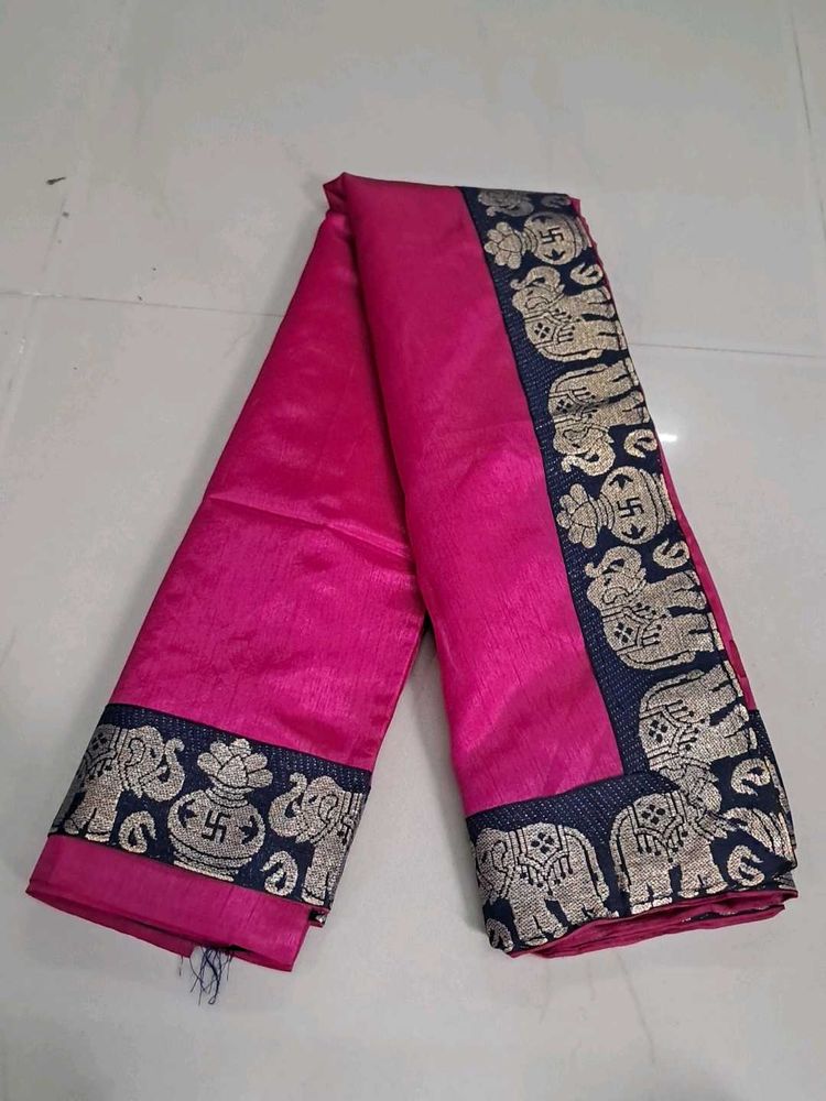 Elegant Pink Saree with Elephant Border