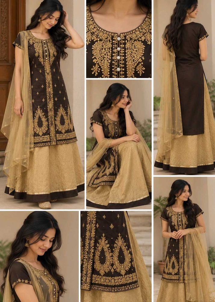 Elegant Brown &amp; Gold Embroidered Kurta Set