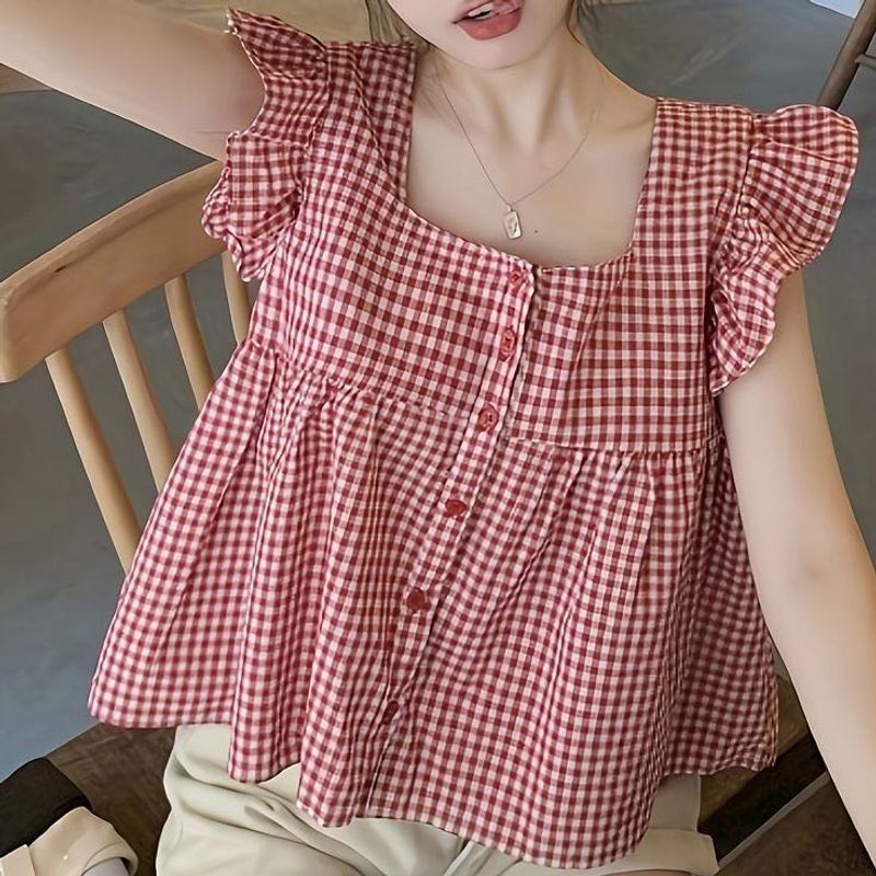Red Gingham Square Neck Top