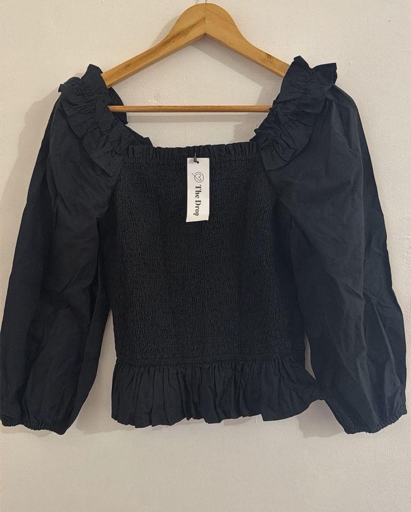 Chic Black Smocked Square Neck Top
