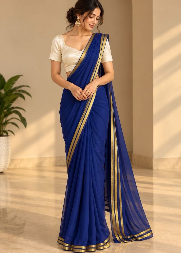 Blue chiffon Saree with stiched blouse