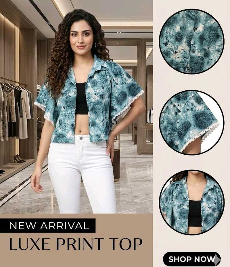 Stylish Blue Printed Top with Lace Detail