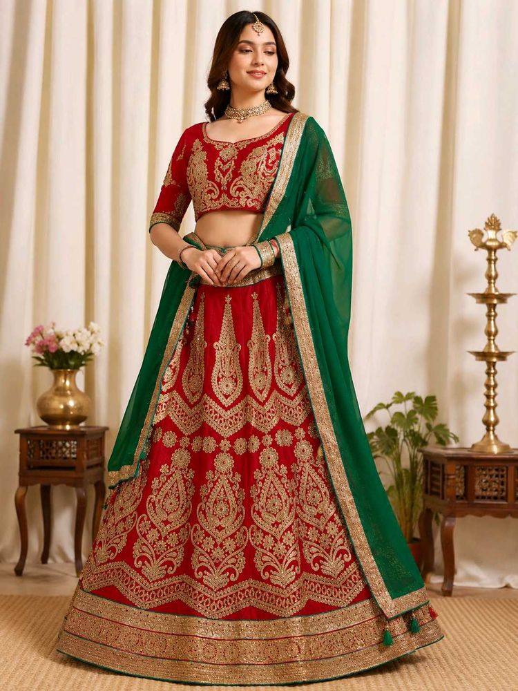 ✨ Red &amp; Green Heavy Embroidered Lehenga ✨