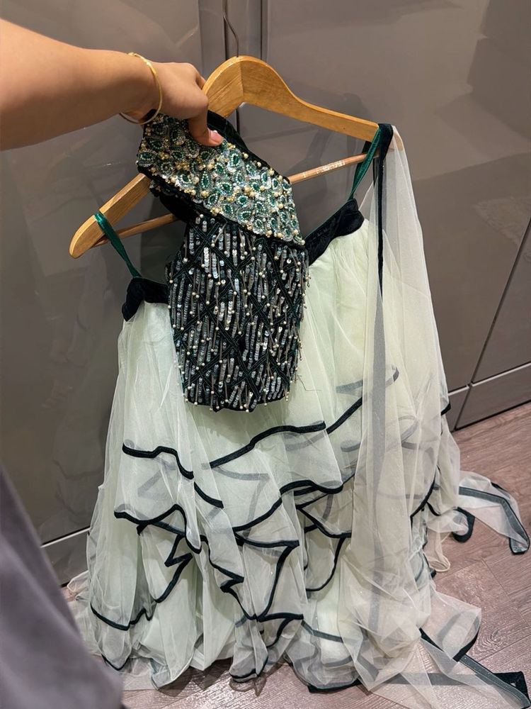 Sea Green Off-Shoulder Sequin Lehenga Set