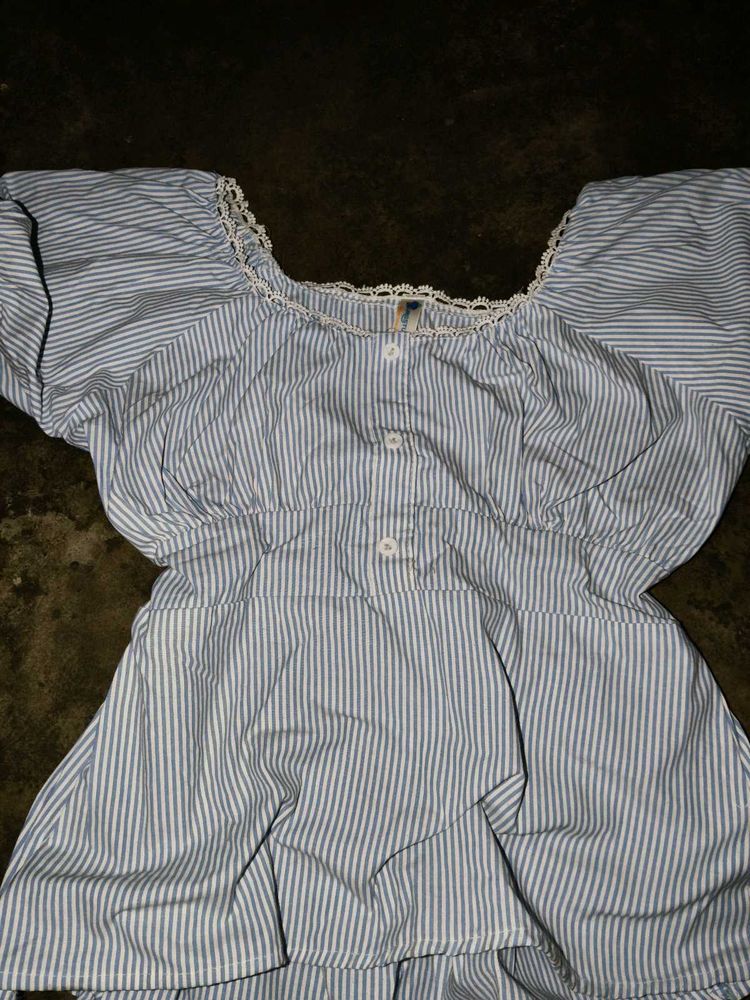 Blue Striped Puff Sleeve Top