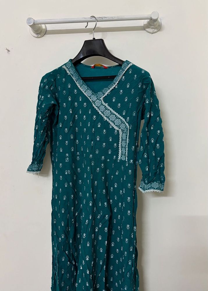 Teal Printed Kurta with Lace Detail