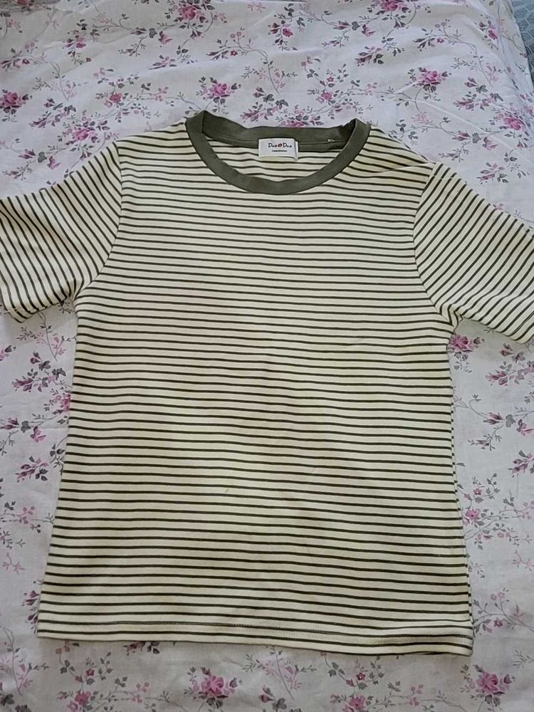 Olive Green &amp; White Striped Crop Top | Size S