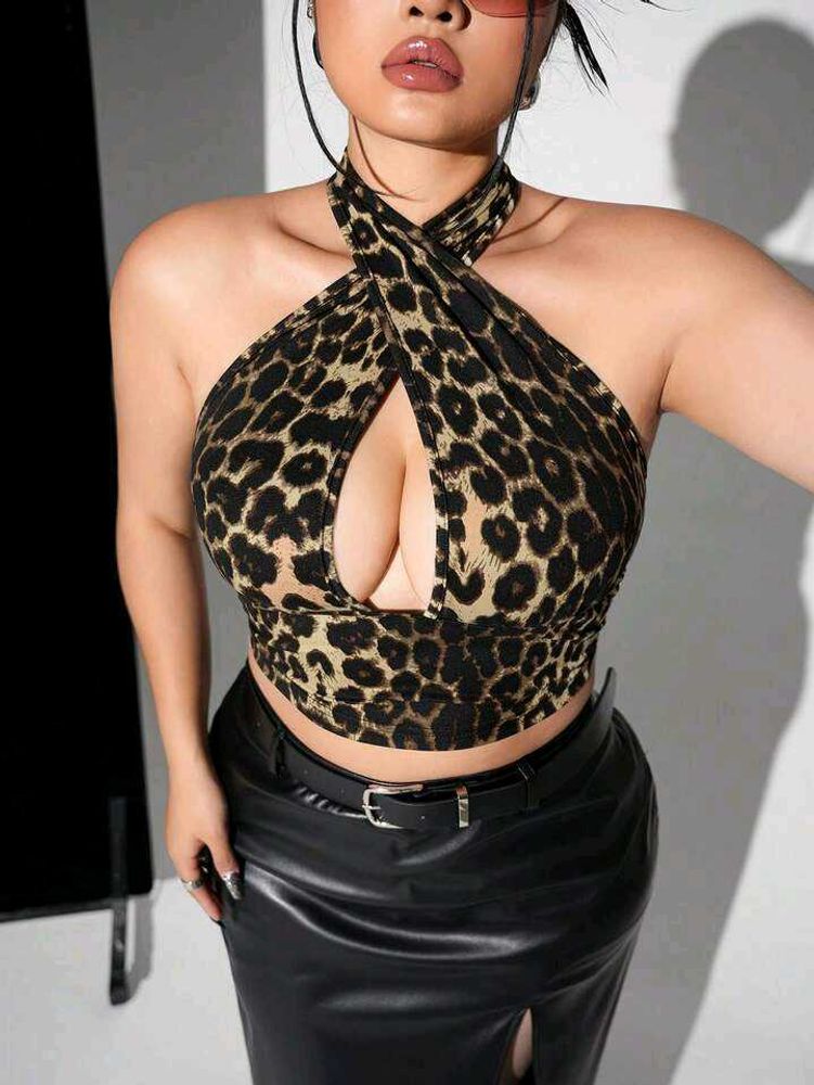 I. Leopard Print Halter Neck Crop Top