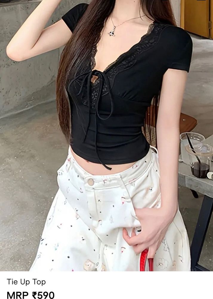 Black Lace Trim Tie-Up Crop Top