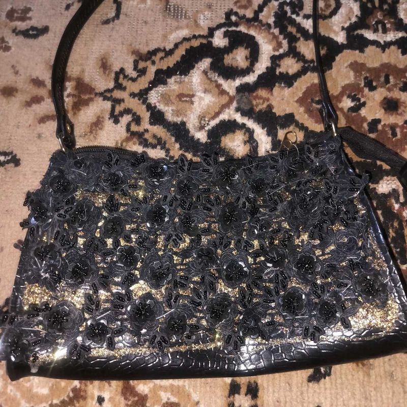 Black Beaded Floral Clutch Bag