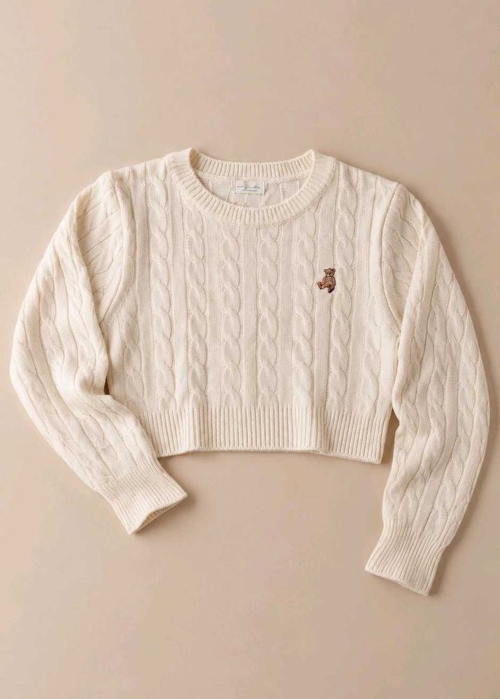 IVORY CABLE-KNIT TEDDY EMBROIDERY SWEATER