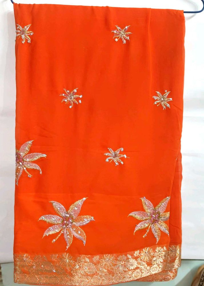 Orange Floral Embroidered Saree