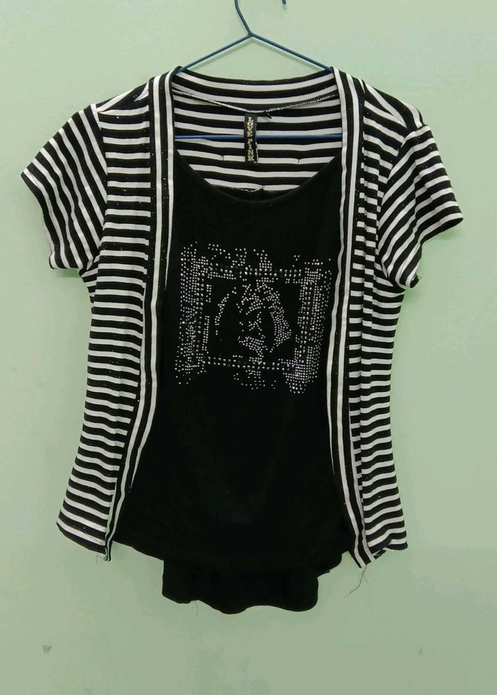Chic Striped Cardigan Over Embellished Top