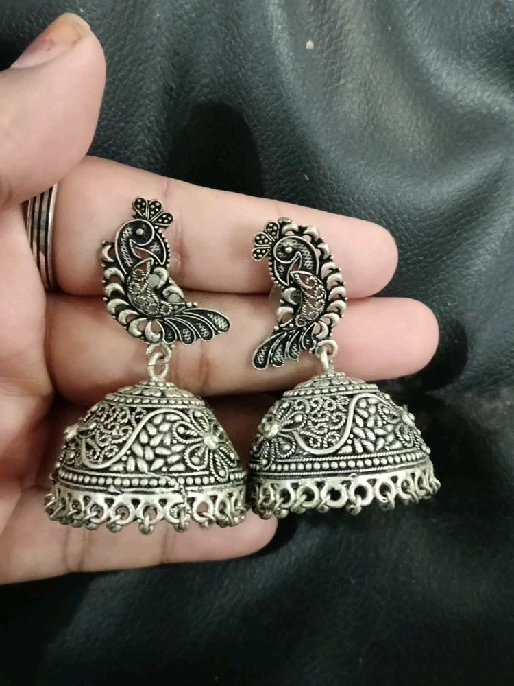 Oxidized Silver Peacock Jhumka Earrings