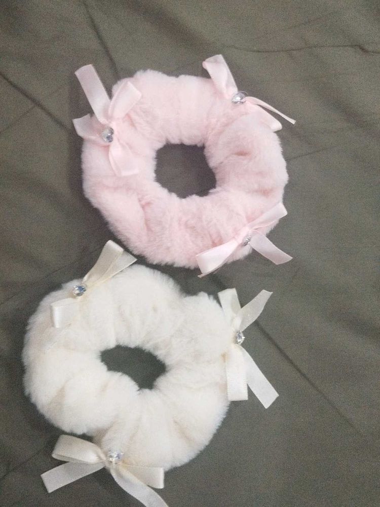 Faux Fur Scrunchies with Bows &amp; Gems