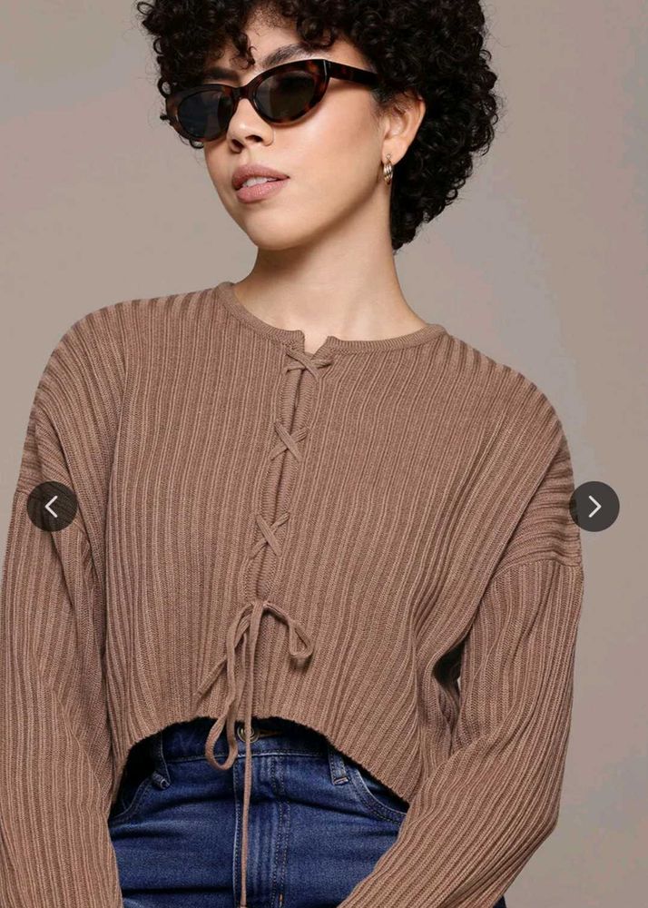 ROADSTERS Ribbed Lace-Up Crop Sweater