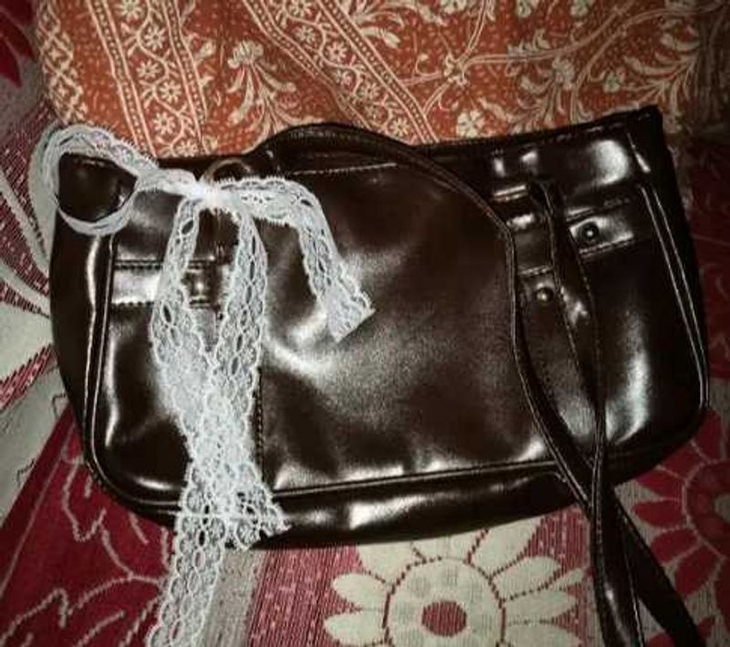 Brown Faux Leather Handbag with Lace Detail