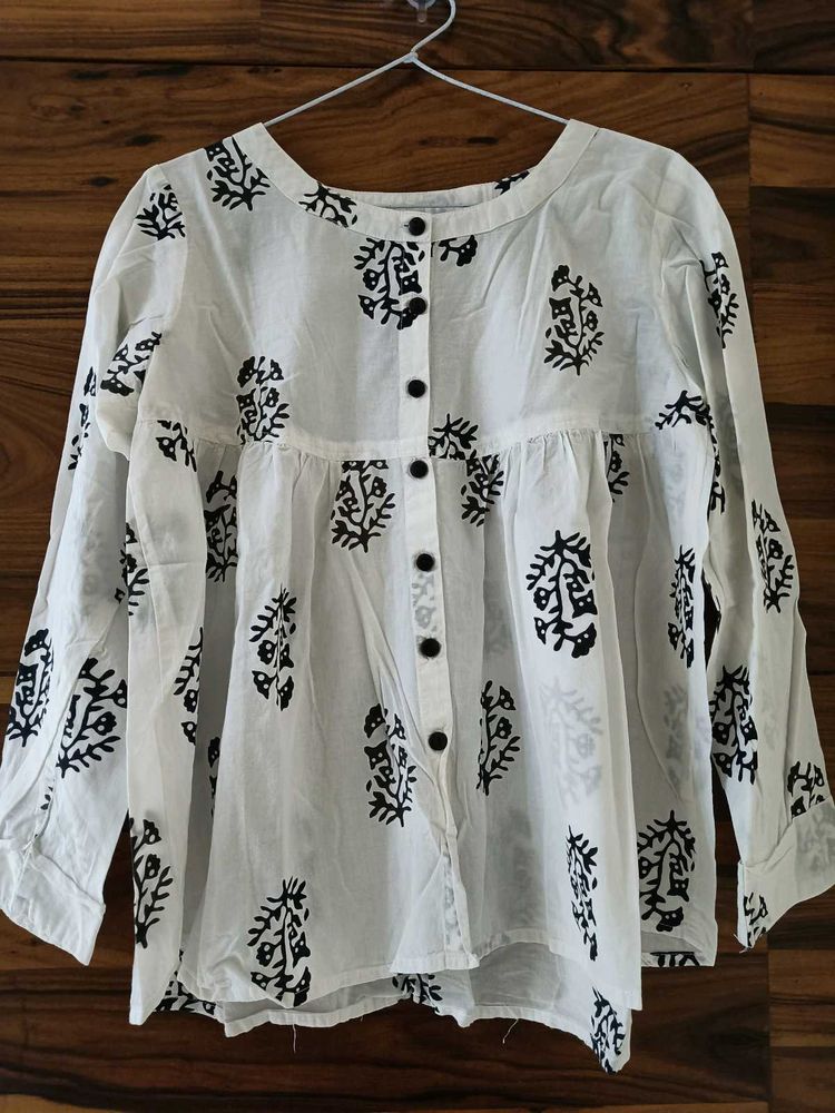 White Cotton Block Print Blouse