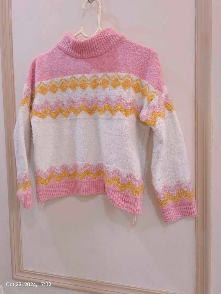 White And Pink Colours With Golden Strip Sweater