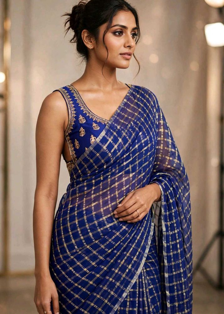Elegant Blue Checked Saree