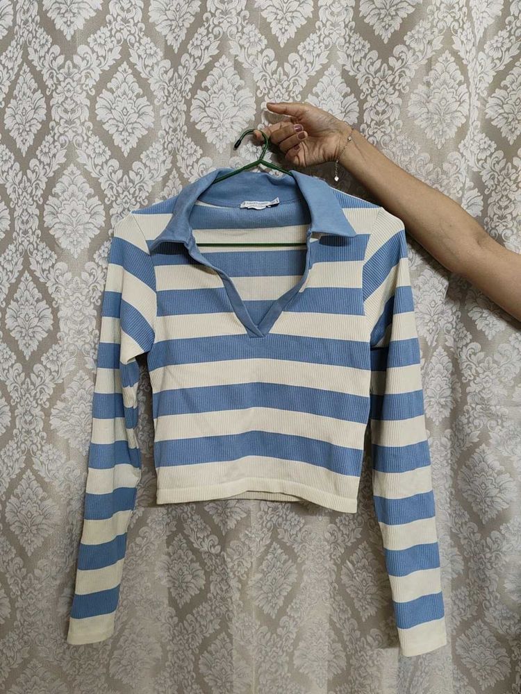 Blue and White Striped Collared Top