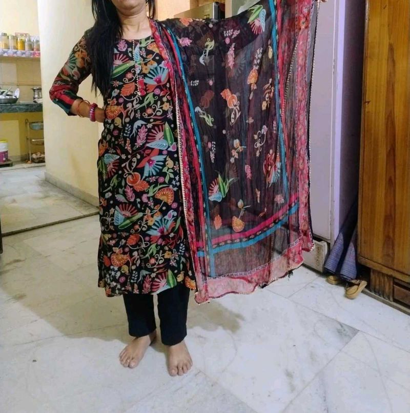 Vibrant Floral Print Kurta Set with Dupatta