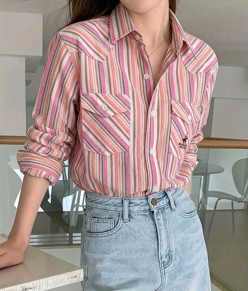 Korean Pintrest Pink Striped Western Shirt