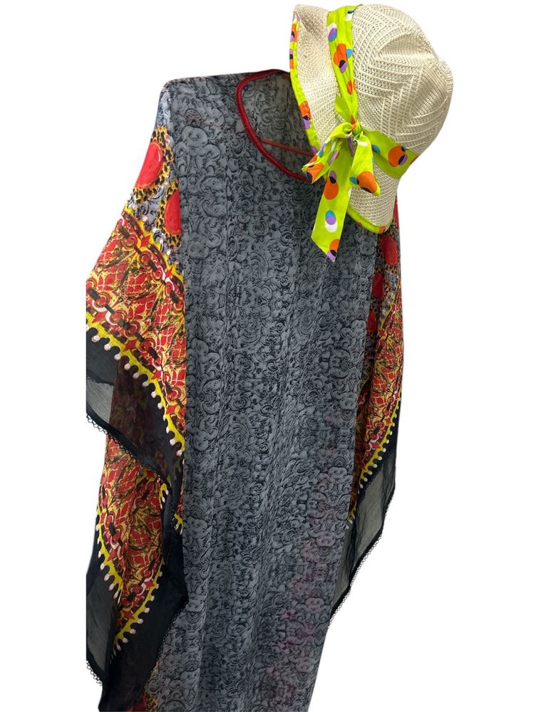 Printed Beach Coverup Kaftan With Free Jute Hat